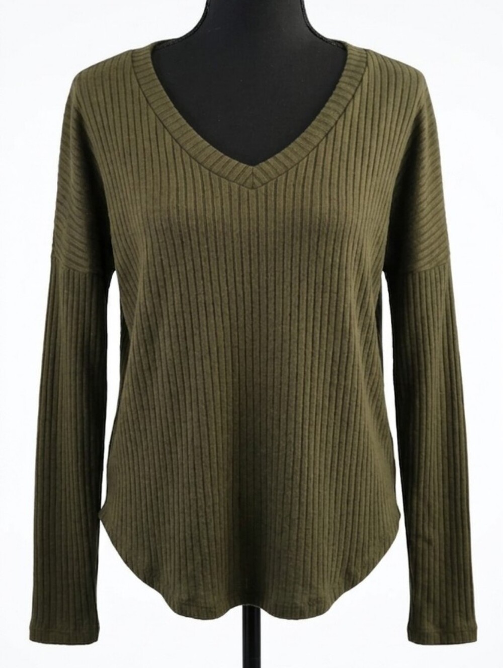 Aeropostale Olive Ribbed V-Neck Long Sleeve Top